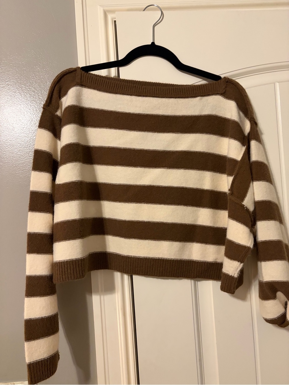 Impressions Cream and Brown Striped Off-Shoulder Sweater